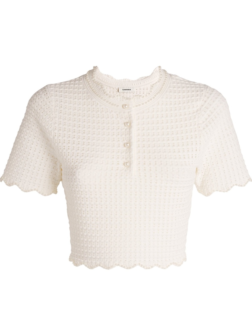 NWT SANDRO White Pearl Crochet Open Knit Short Sleeve Crop Top Size 2 - Picture 2 of 12